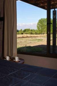 a room with a bed and a window with two cups at Mahuida Lodge Valle de Uco in Colonia Las Rosas