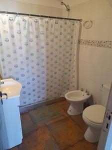 a bathroom with a toilet and a shower curtain at Departemento Solumi Relax in San Bernardo