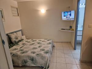 a bedroom with a bed and a tv on the wall at appartement spacieux vue sur mer in La Trinité