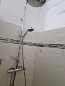 a shower in a bathroom with a shower head at appartement spacieux vue sur mer in La Trinité