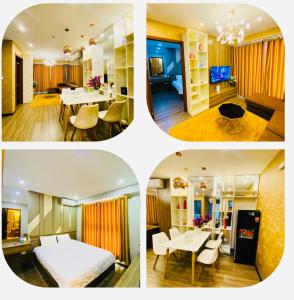 Un collage de cuatro fotografías de una habitación de hotel. en Homestay Bãi Cháy HaLong 1 2 3 5 phòng ngủ Liên hệ em tư vấn, en Ha Long 11 fotos más