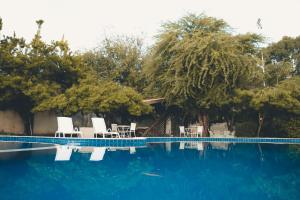 a swimming pool with white chairs and trees at Hotel VillaOeste in Mossoró