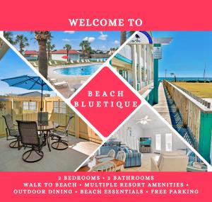 a collage of four pictures of a beach clubhouse at Chic Townhouse Steps to the Beach Outdoor Pools in Panama City Beach