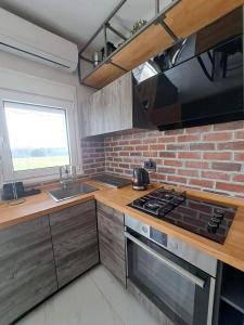 a kitchen with a stove and a brick wall at Seaside Dream in Thessaloniki