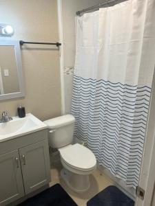 a bathroom with a toilet and a shower curtain at Oak Ridge House in Tampa
