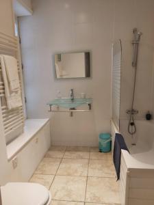 a bathroom with a sink and a toilet and a mirror at Le Voltaire in Airvault +15 photos
