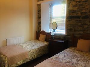 a bedroom with two beds and a mirror and a window at Peregrine hall in Lostwithiel