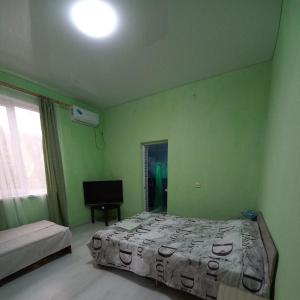 a green bedroom with a bed and a television at Guest house na Myasnikova Diamond in Novy Afon