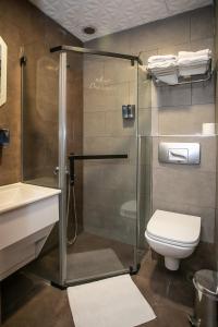 a bathroom with a shower and a toilet and a sink at Hotel Pera Capitol in Istanbul