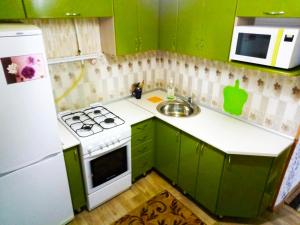 cocina verde con fogones y fregadero en 3-х комнатная квартира район ЖД вокзала, en Kostanái