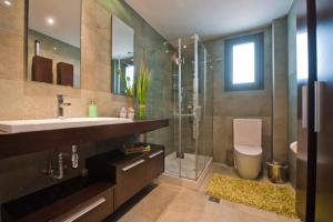 a bathroom with a sink and a shower and a toilet at Villa Maltina in Kassandrinón
