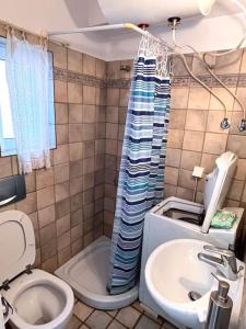 y baño con aseo y lavamanos. en Καλοκαιρινό σπίτι δίπλα στη θάλασσα, en Gialiskari