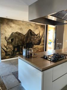 eine Küche mit einem Nashorngemälde an der Wand in der Unterkunft Villa Lina in Cuers