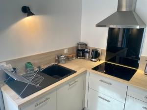 uma cozinha com um lavatório e um micro-ondas em GITES ROC N' VOL AU COEUR DU VERDON em La Palud sur Verdon