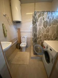 a bathroom with a toilet and a washing machine at Бэй Хаус ( The Bay Area) in Cholpon-Ata