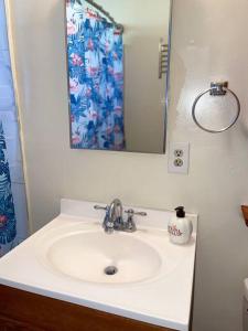 uma casa de banho com um lavatório branco e um espelho. em SUITE Queen Apart South-Bay Beaches em Gardena
