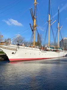 um grande navio branco sentado na água em Nonne Blanche em Ostend