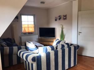 a living room with two couches and a television at Große Ferienwohnung Klosterklause Malchow in Malchow