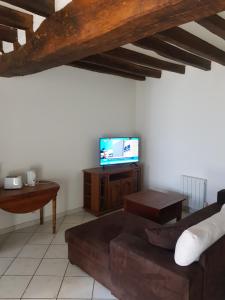 a living room with a couch and a flat screen tv at Chez laiko wifi gratuit in Beaulieu-sur-Loire