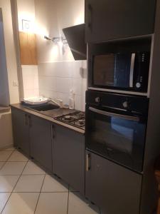 a kitchen with a stove and a microwave at Chez laiko wifi gratuit in Beaulieu-sur-Loire