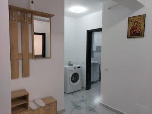 een badkamer met een wasmachine in een kamer bij Bya Brown Residence in Valea Lupului