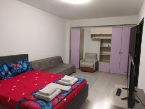 een slaapkamer met een bed, een bank en een televisie bij Bya Brown Residence in Valea Lupului