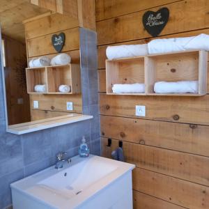 a bathroom with a sink and a mirror and towels at Camping car vintage in Saint-Barthélemy-le-Plain