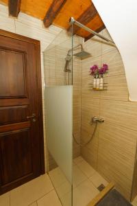 een douche met een glazen deur in de badkamer bij Villa Maria - Hydra Dream Houses in Hydra