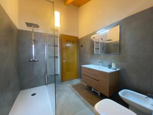 a bathroom with a toilet and a sink and a shower at Casa Pallanch in Fai della Paganella +29 photos