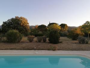 una piscina frente a un jardín con árboles en Maison au calme entre vignes et Luberon, en Saint-Martin-de-la-Brasque