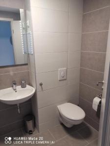 uma casa de banho com um WC e um lavatório em Sunset Home Apartman em Siófok