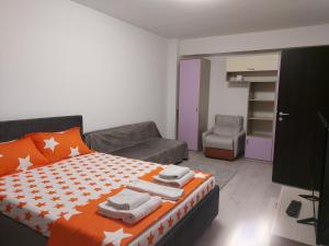 een slaapkamer met een bed, een bank en een televisie bij Bya Brown Residence in Valea Lupului