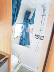 ein Bad mit einem WC und einer Dusche in der Unterkunft Caravane Insolite l'Ardéchoise, L'ECHAPPEE BELLE D'AUBENAS Gîtes Appart hôtel Logement 3 sur 3 in Aubenas