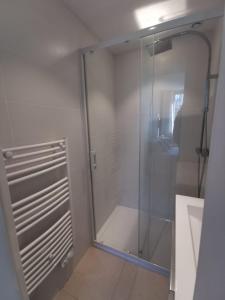 um chuveiro numa casa de banho com uma porta de vidro em La mare aux petits diables em Équemauville