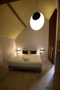 um quarto com uma cama e uma grande iluminação em L'authentik petit hôtel Le Refuge de Mamie Yo 