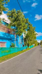 une route vide devant un bâtiment bleu dans l'établissement Sundarban Tulip Homestay, Pakhiralay, WB, à Purbbadulki
