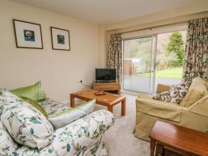 a living room with a couch and a tv at Salmon Cottage in Llanwrthwl