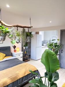 una camera con un letto e molte piante di Aplanty Studio in the Orchard 