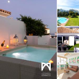 un collage de fotos de una villa con piscina en VACATION MARBELLA I Terrazas de Banus, Romantic, Jacuzzi, Pet-Friendly, Cosy Duplex Penthouse, 2min walk to Marina, en Marbella