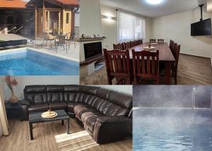 een collage van foto's van een woonkamer en een zwembad bij Къща за гости - Вила Сидона in Banya