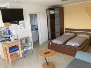 ein Wohnzimmer mit einem Bett und einem TV. in der Unterkunft Paradies in Bodensdorf