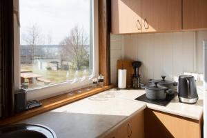 a kitchen with a window and a counter top at Rāznas Stāvkrasti in Kaunata