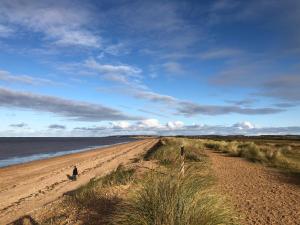 a person walking on a sandy beach near the water at Norfolk Accommodation in Heacham