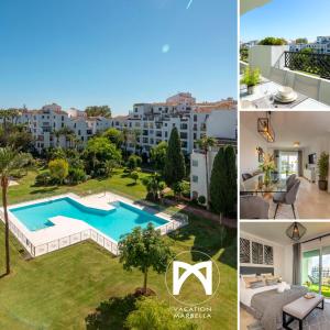 un collage de fotos de una casa con piscina en Terrazas de Banus Quiet Apartment, en Marbella