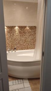 a bathroom with a bath tub with a shower curtain at Mangali Apartment in Riga