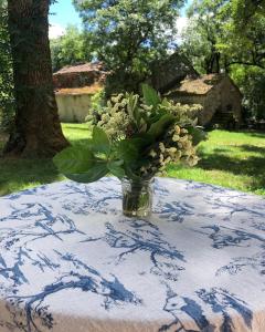 um vaso de flores sentado em cima de uma mesa em Mas d’Aubrac em Limogne-en-Quercy