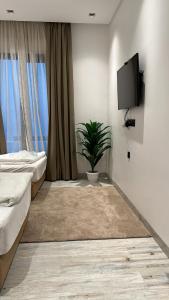 - une chambre avec 2 lits, une télévision et une plante dans l'établissement Chalet 2200, à Al Khiran