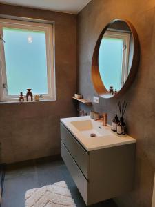 een badkamer met een wastafel en een spiegel bij Bohemian Wellness met hottub & sauna in Ewijk