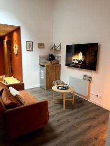 sala de estar con sofá y chimenea en La suite, avec jacuzzi & sauna en Muret