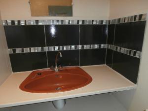 Ponches-EstruvalLes Kiwis的浴室内铺有黑色瓷砖,配有红色水槽。